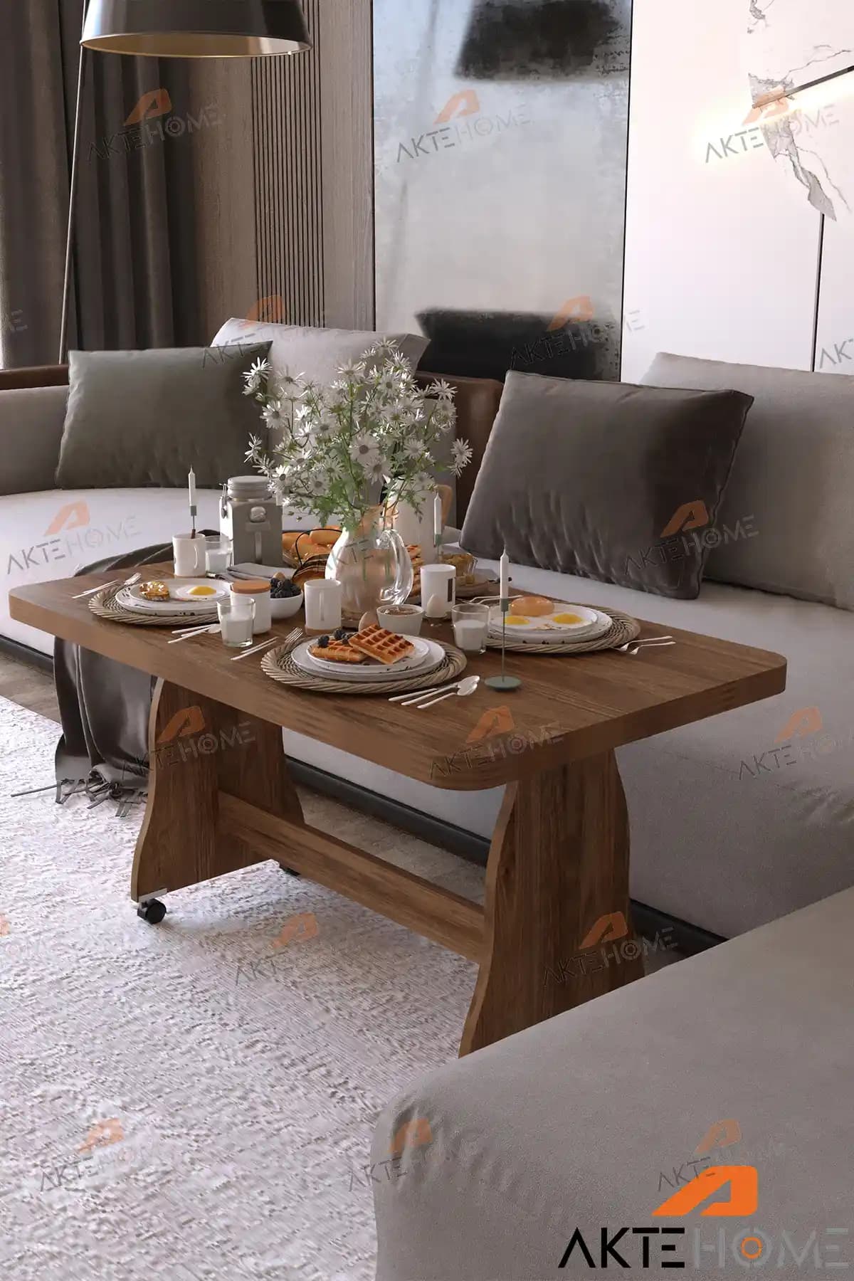 Aktehome Tekerlekli Orta Sehpa Ceviz Renkli Modern ve Dayanıklı Tasarım