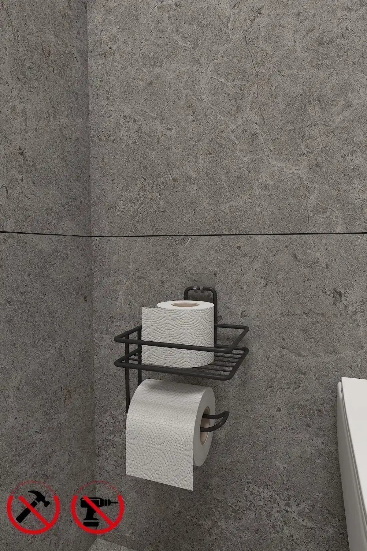 Alper Banyo Güçlü Yapışkanlı Yedek Raflı Tuvalet Kağıdı Askılığı Modern Tasarım