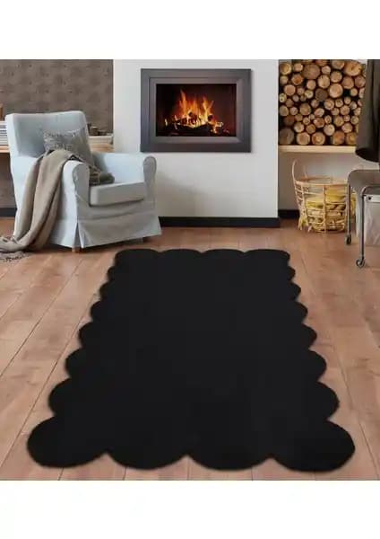 Balat Halı Siyah Lazer Kesim Peluş Uzun Tüylü Halı Modern ve Dayanıklı Tasarım