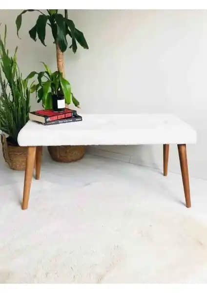 Beylerbeyi Ahşap Ayaklı Handmade Geniş Oturum Alanlı Beyaz Puf