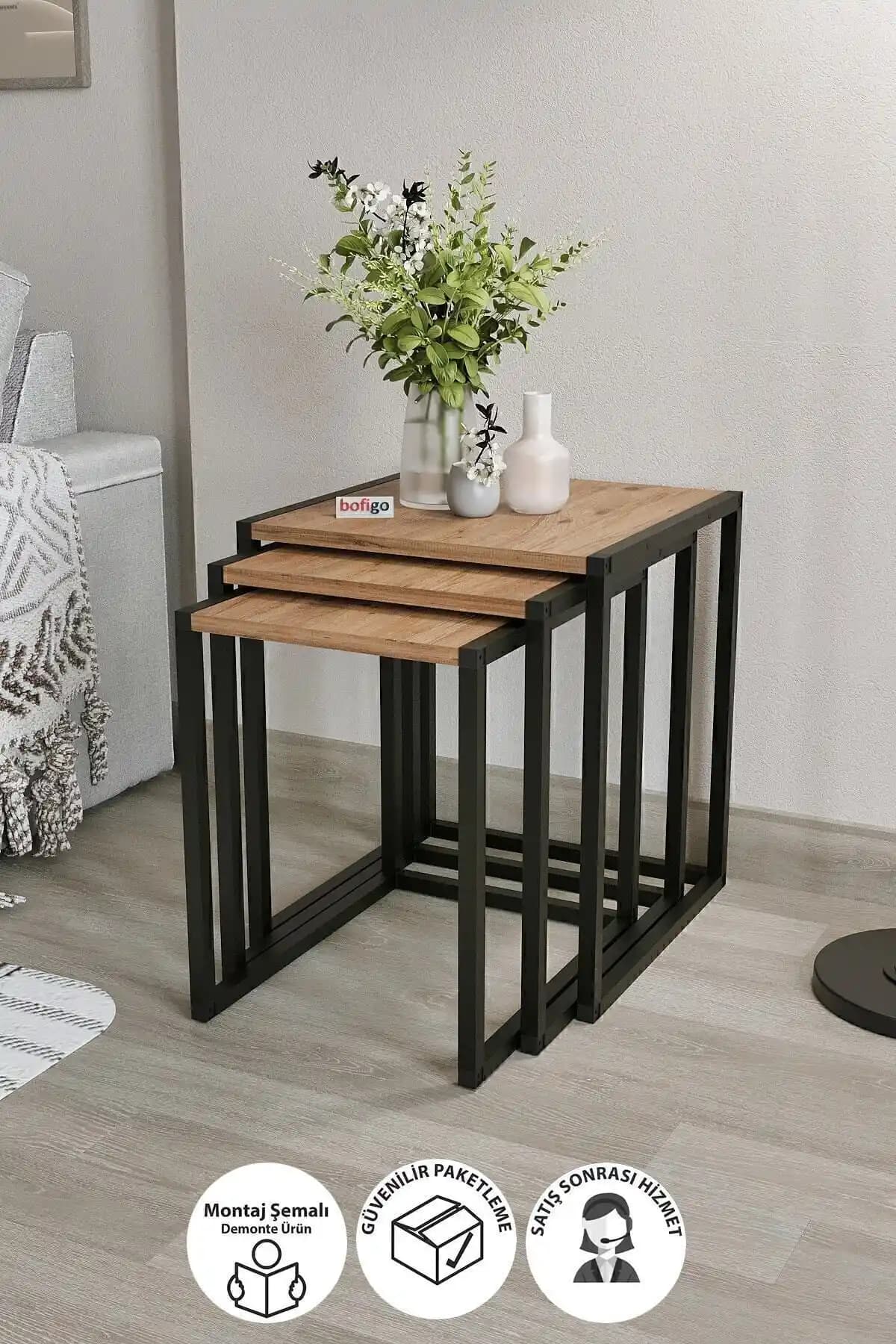 Bofigo 3'lü Metal Zigon Sehpa Seti Modern ve Dayanıklı Tasarımıyla Ev Dekorasyonunu Tamamlar
