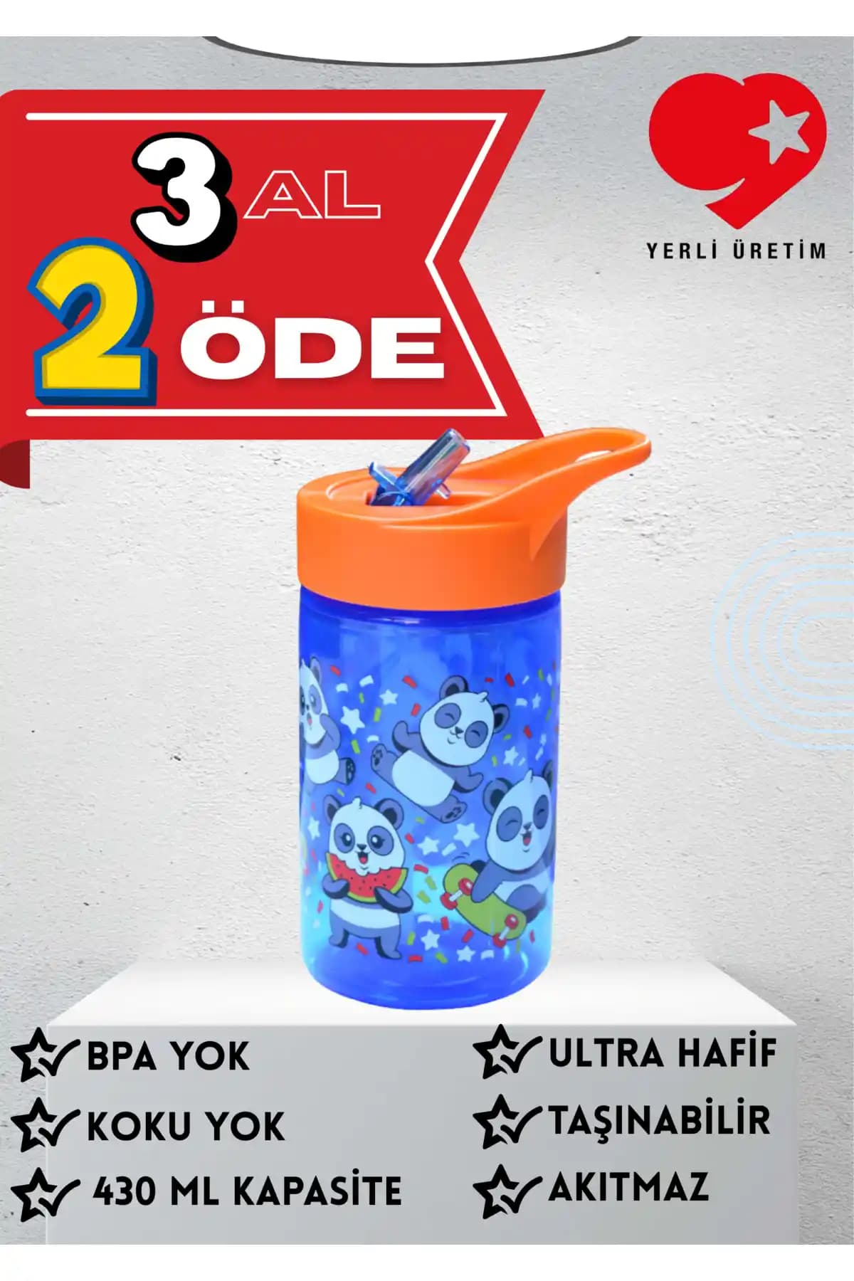 Çocuklar İçin Güvenli ve Pratik Panda Desenli Katlanabilir Pipetli Suluk ve Matara