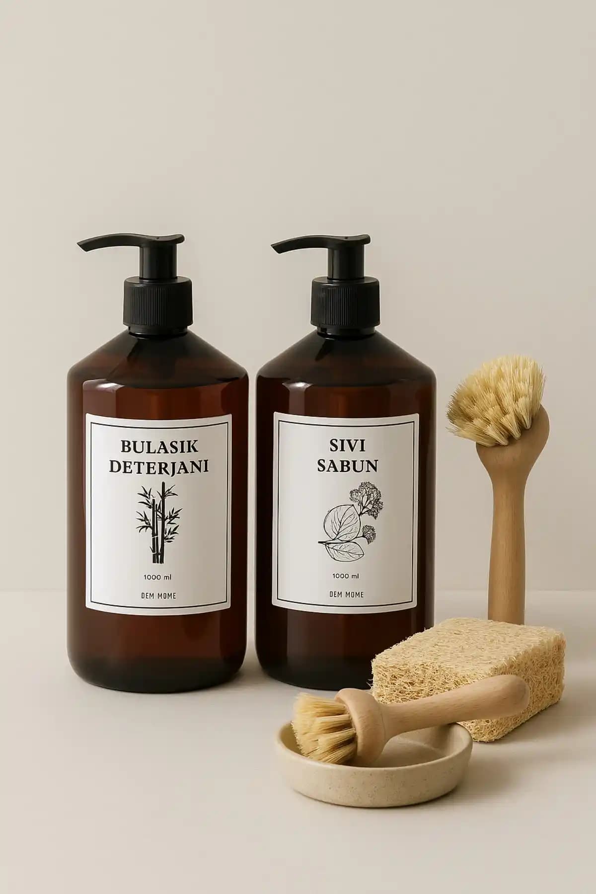 Dem Home Amber Cam Görünümlü Plastik 2'li Mutfak ve Banyo Deterjanı Şişe Seti