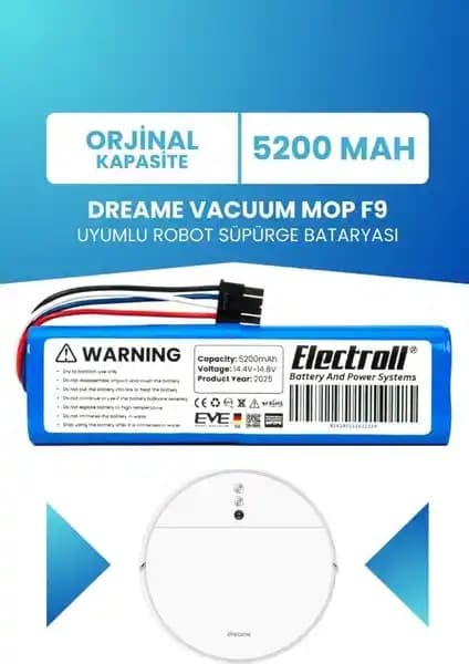 Dreame Vacuum Mop F9 Uyumlu 5200mAh Batarya Uzun Süreli Performans Sağlar