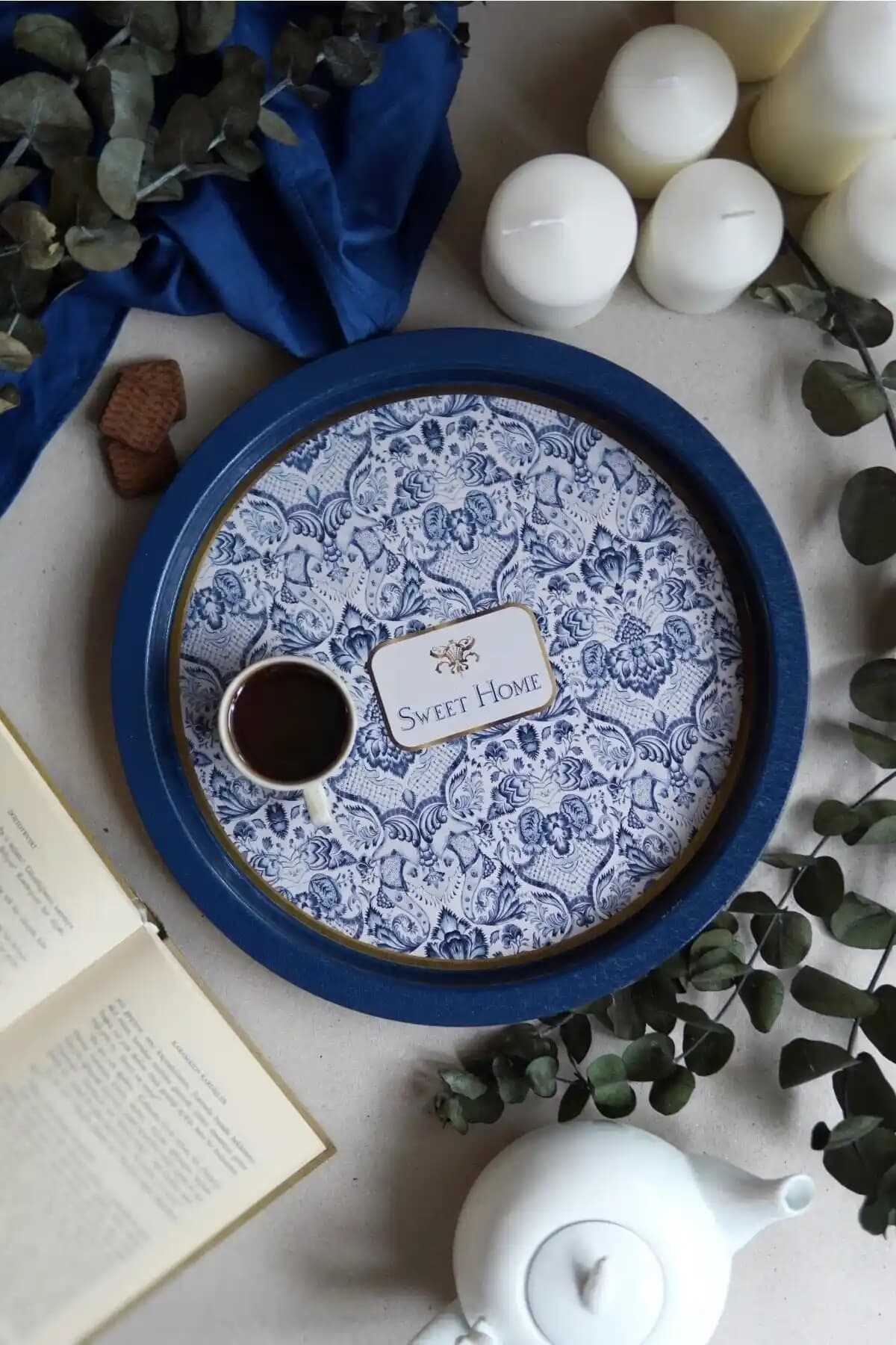 Evle Ee197-7n Azulejos Sweet Home Desenli Yuvarlak Metal Tepsi 32 cm, Dekoratif ve Çok Amaçlı Kullanım