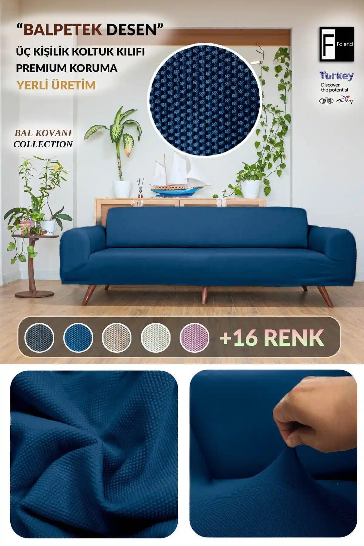 Faiend Balpeteği 3 Kişilik Petrol Mavi Lastikli Kanepe Örtüsü Modern ve Dayanıklı Tasarım