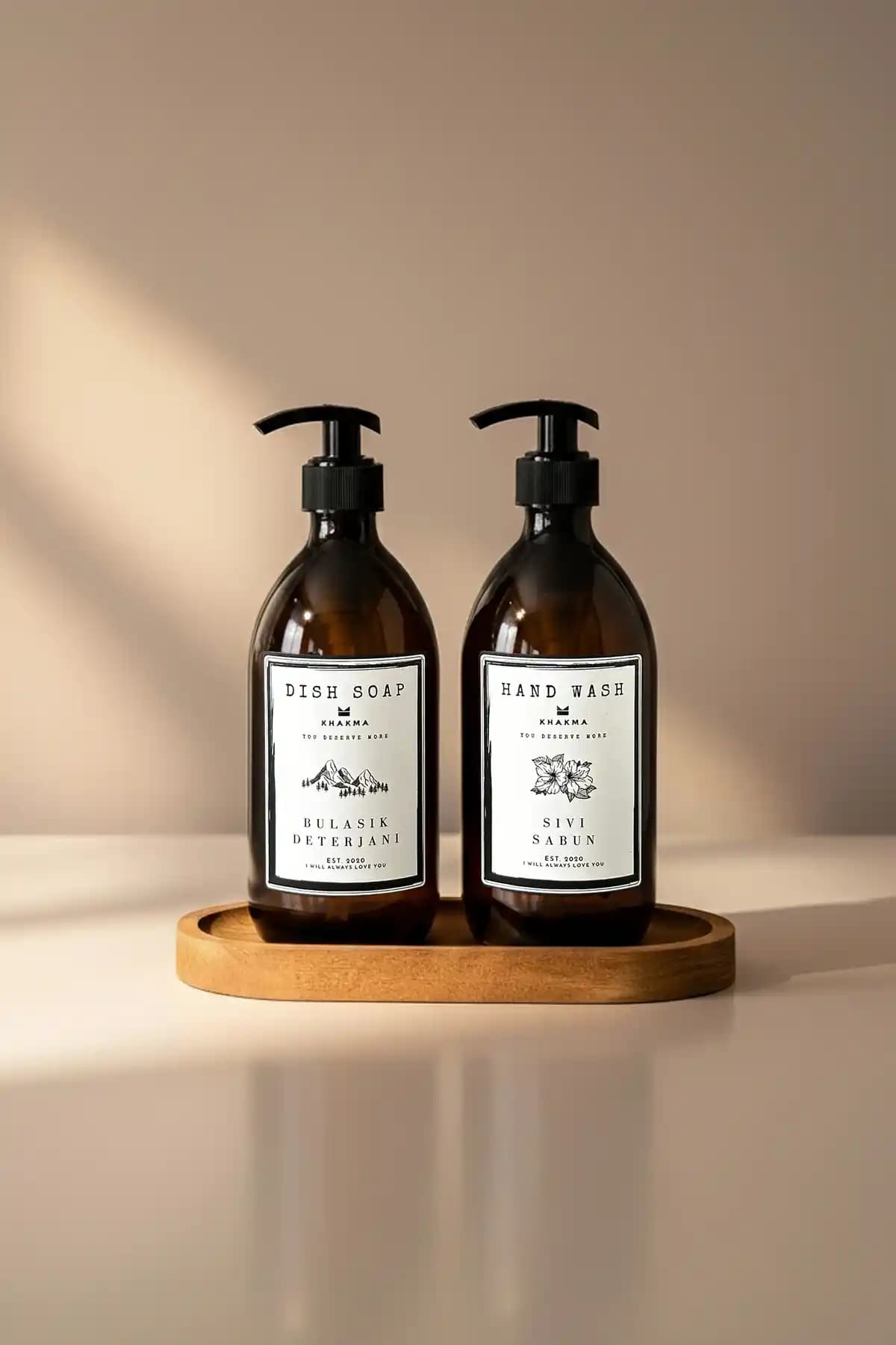 KHAKMA Amber Cam Oval Ahşap Stantlı Sabunluk 500ml Modern Banyo Dekorasyonu