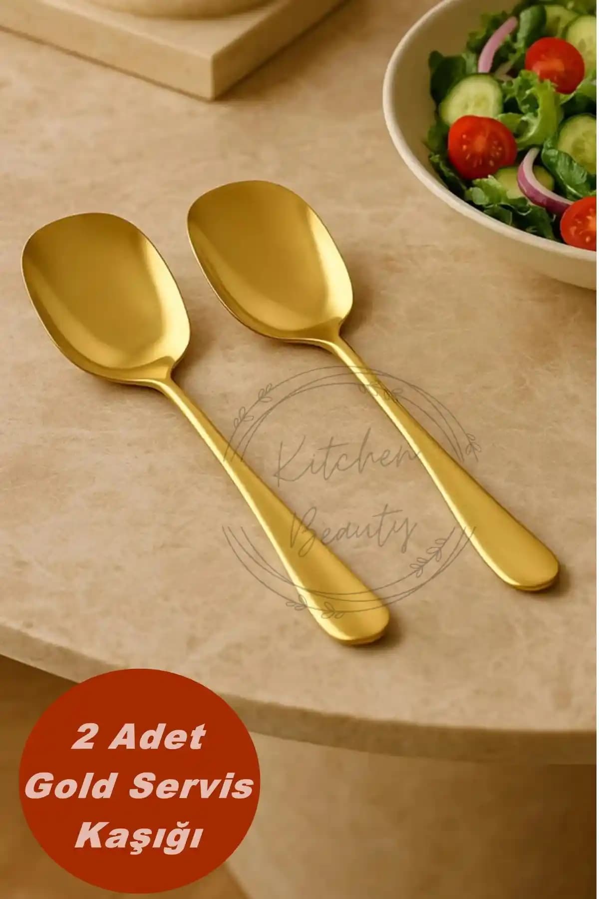 Kitchen Beauty Paslanmaz Çelik Gold Servis Salata Kaşığı ve Spatula Seti - Şık ve Dayanıklı Mutfak Gereçleri
