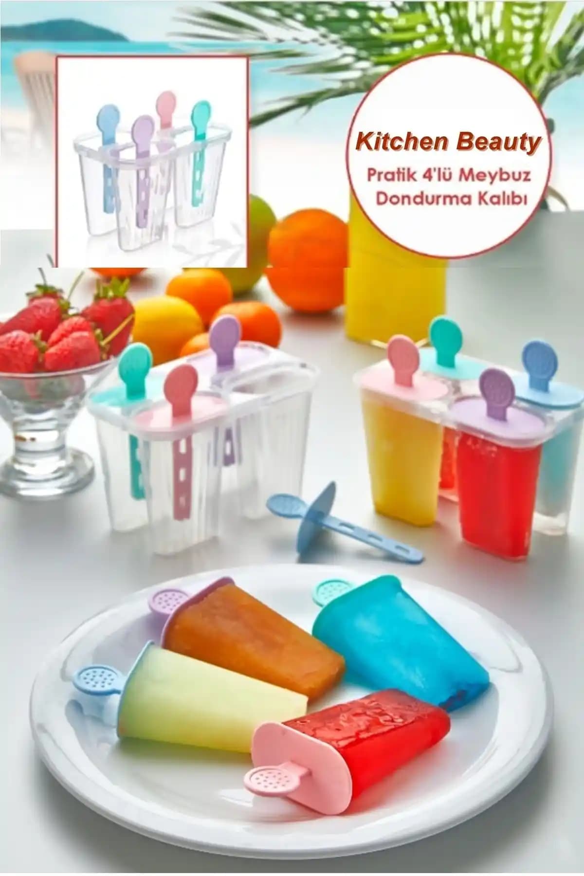 Kitchen Beauty Renkli Pratik 4’lü Meybuz Dondurma Kalıbı Evde Sağlıklı Tatlar İçin Uygun