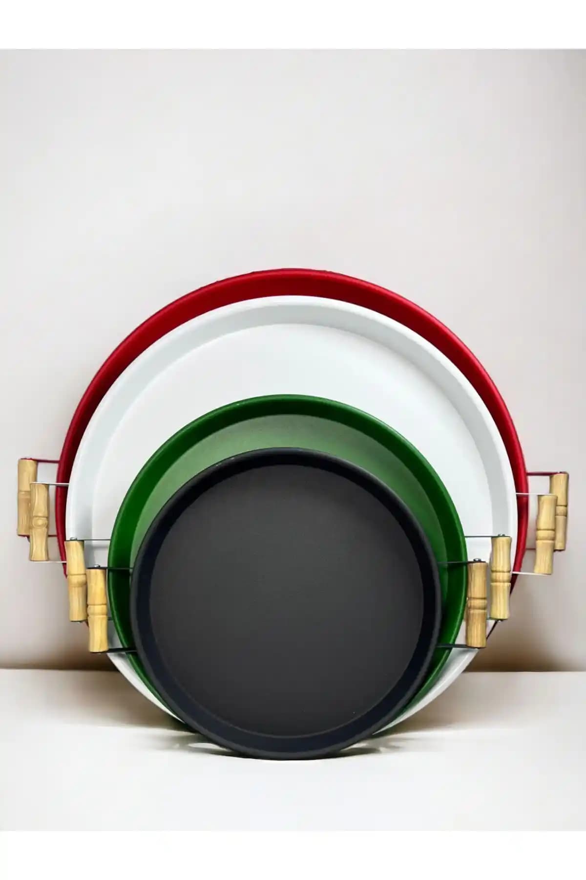 Kitchen Trend 4'lü Ahşap Kulplu Metal Tepsi Seti: Dayanıklı ve Şık Mutfak Servis Araçları