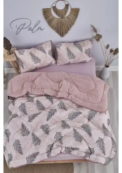 Marla Home Palm Pembe Desenli Çift Kişilik Yorgan Seti Yatak Dekorasyonuna Renk Katıyor