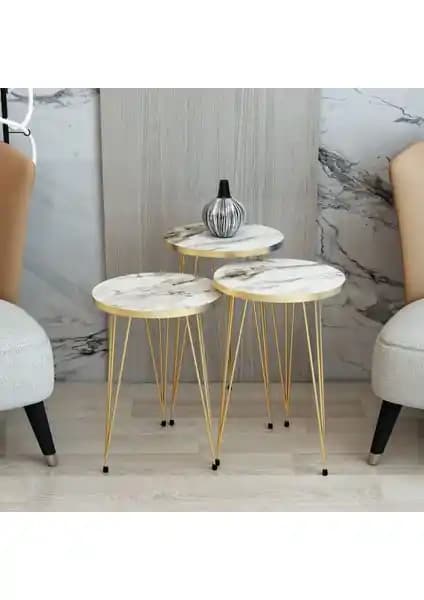 Mhrgroup Cma Beyaz Gold Metal Ayaklı Zigon Sehpa Seti Modern ve Şık Tasarım