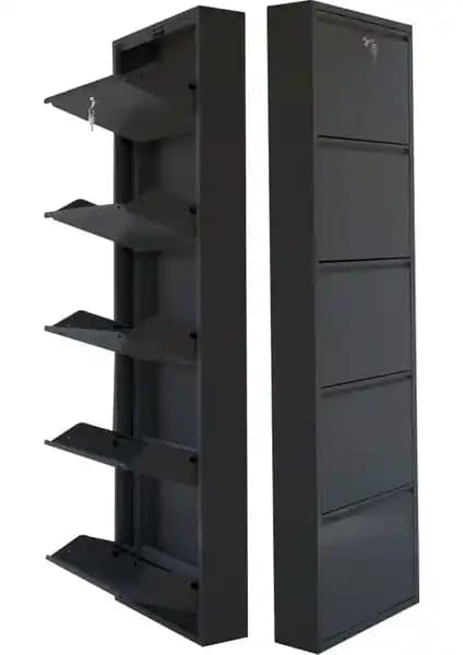 Mobilya Pratik Kilitli 5'li Metal Ayakkabılık Siyah Renkli Dayanıklı Depolama Çözümü