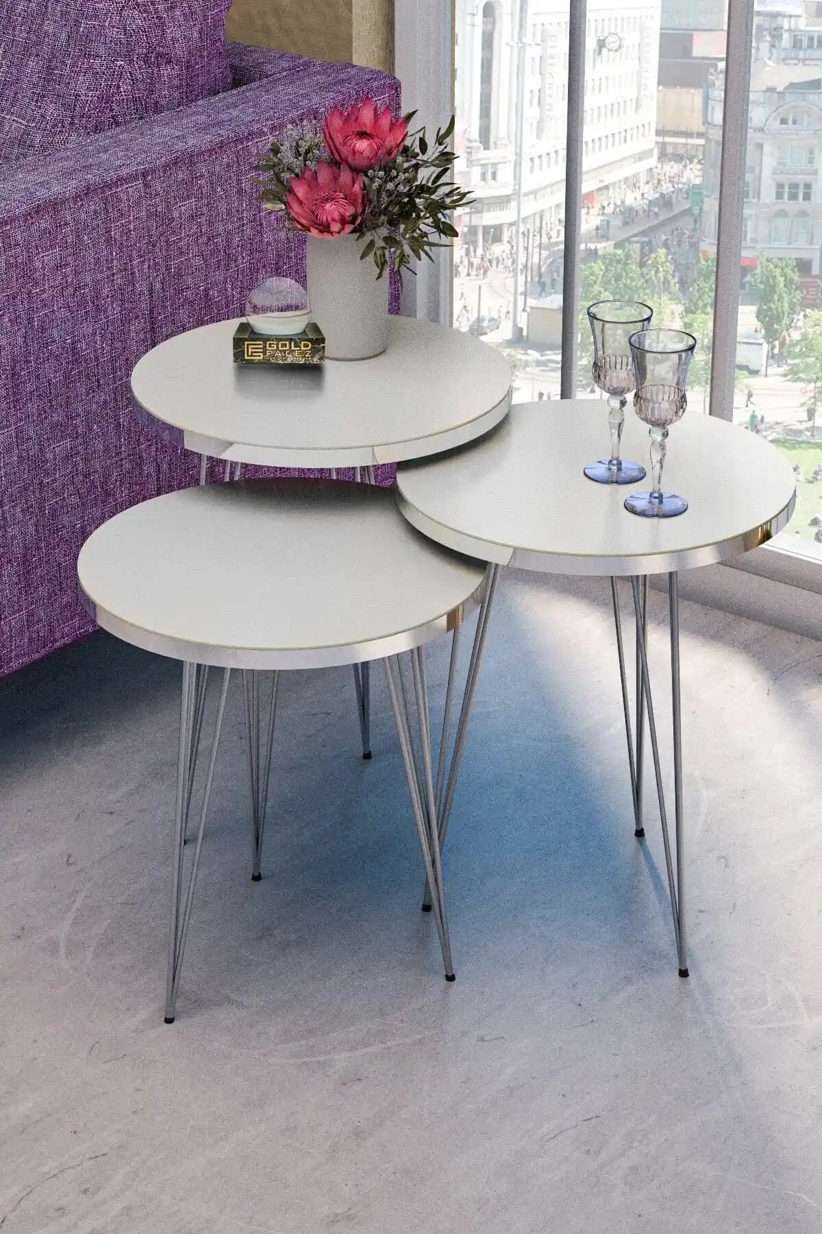 Modern ve Şık GOLDFALEZ Zigon Sehpa Seti Gümüş Beyaz Tel Tasarımıyla Uyumlu