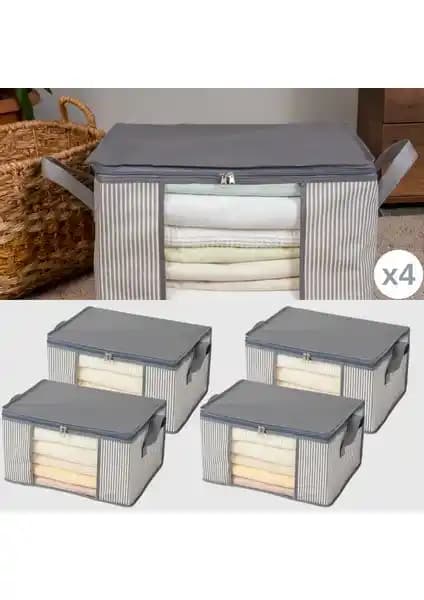 Nacarev 4 Adet Küçük Boy Pencereli Çizgi Desen Antrasit Hurçlar Ev İçin Pratik Depolama Çözümü