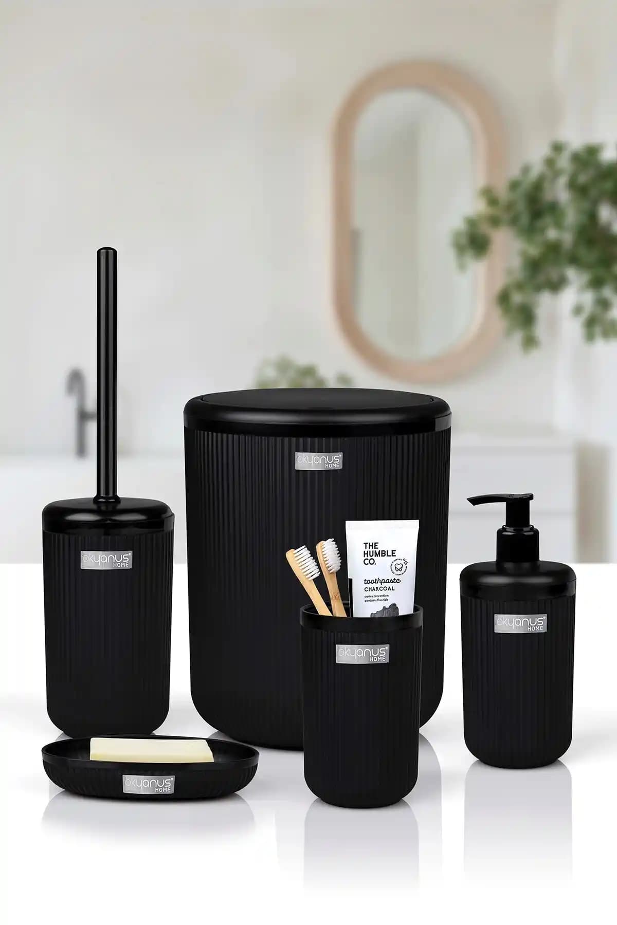 Okyanus Home Linea Siyah Çizgili Yuvarlak Banyo Seti Modern ve Şık Tasarım Özellikleri