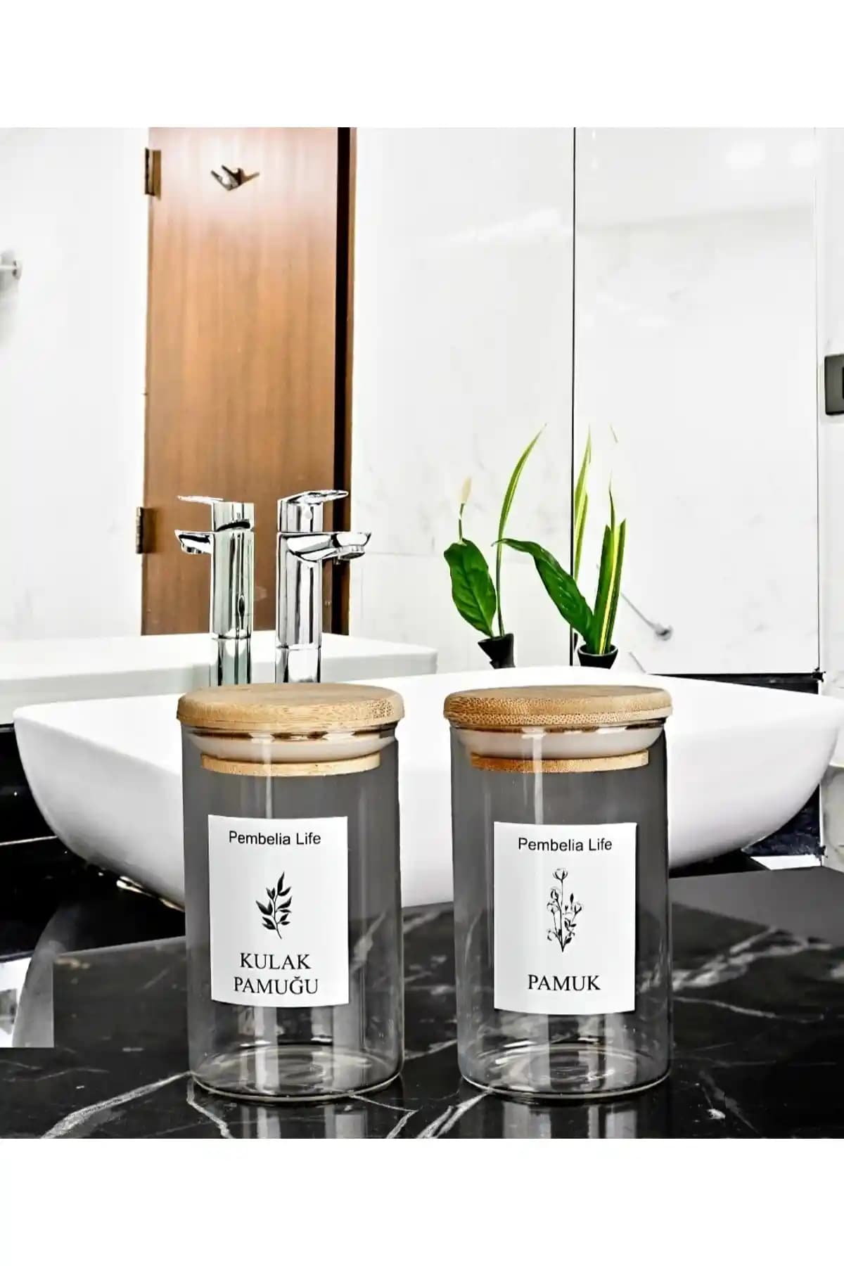 Pembelia Life Bambu Kapaklı Cam Kulak Pamuğu ve Pamukluk Modern Banyo Dekorasyonu İçin Uygun