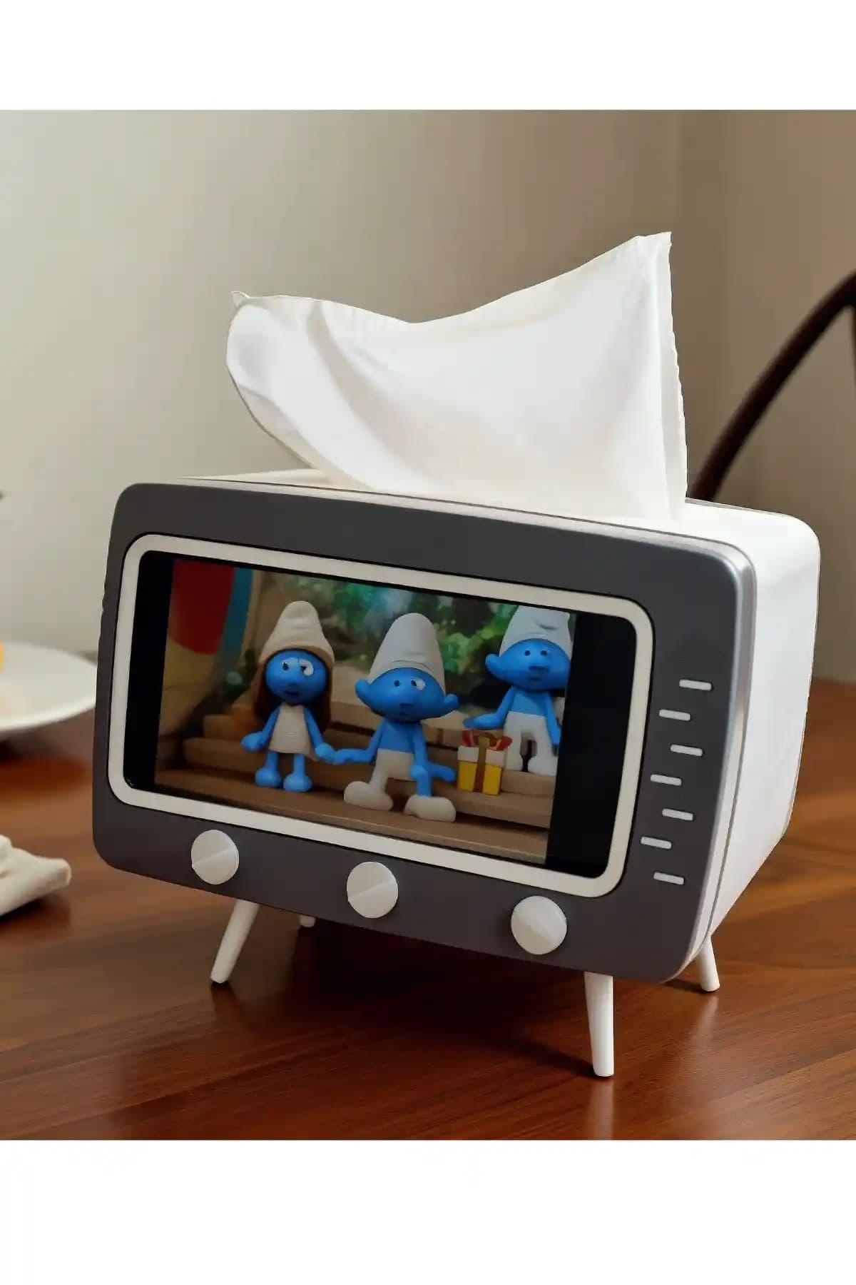 Retro TV Görünümlü Peçete Kutusu ve Telefon Tutucu Dekoratif ve Fonksiyonel Tasarım
