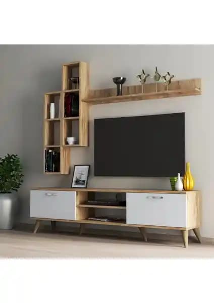 Tanmob Mega 180'li Kitaplıklı Raflı TV Ünitesi Çam-Beyaz Modern Tasarım ve Fonksiyonellik