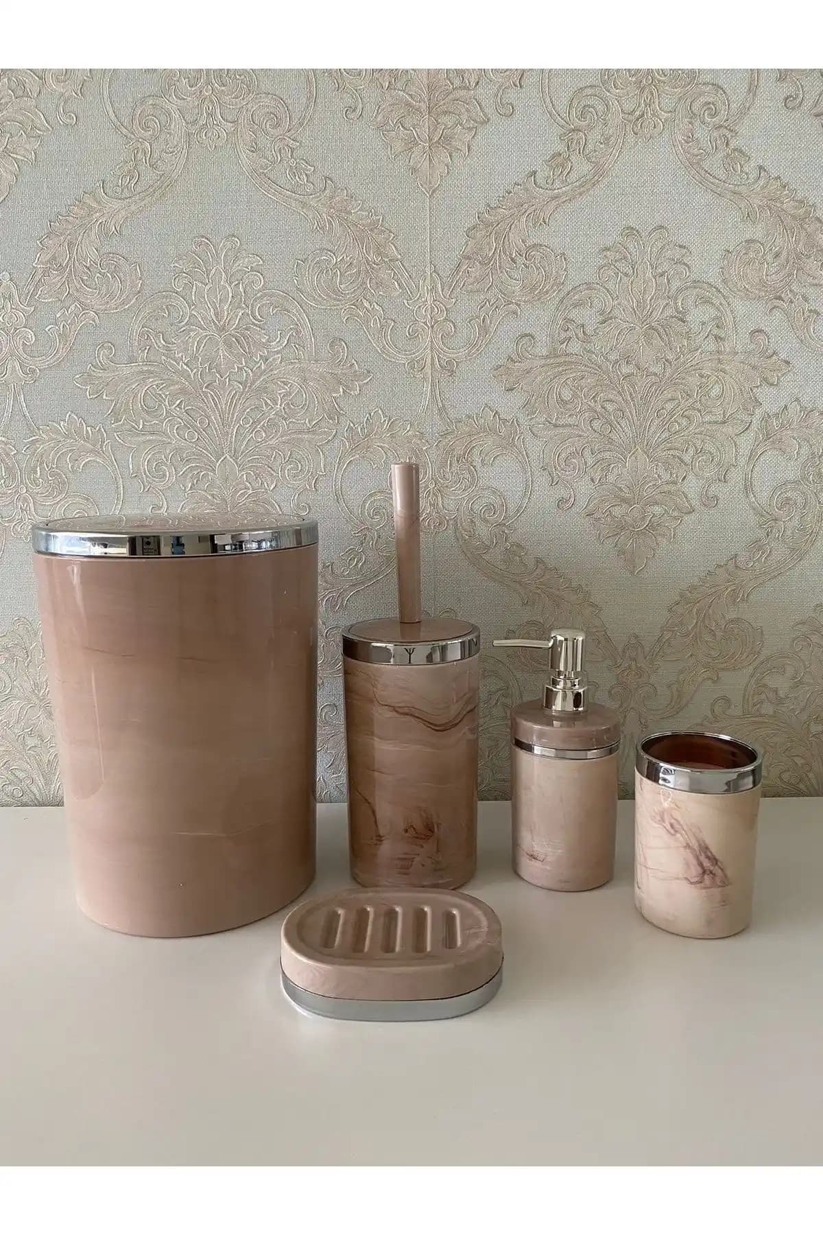 TrendBanyoMutfak 5 Parça Mermer Desen Gümüş Banyo Seti Modern ve Fonksiyonel Tasarım