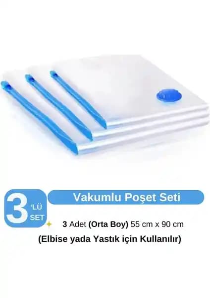 Ülbag 3'lü Orta Boy Vakumlu Saklama Poşetleri ile Eşyalarınızı Pratik ve Güvenli Şekilde Koruyun