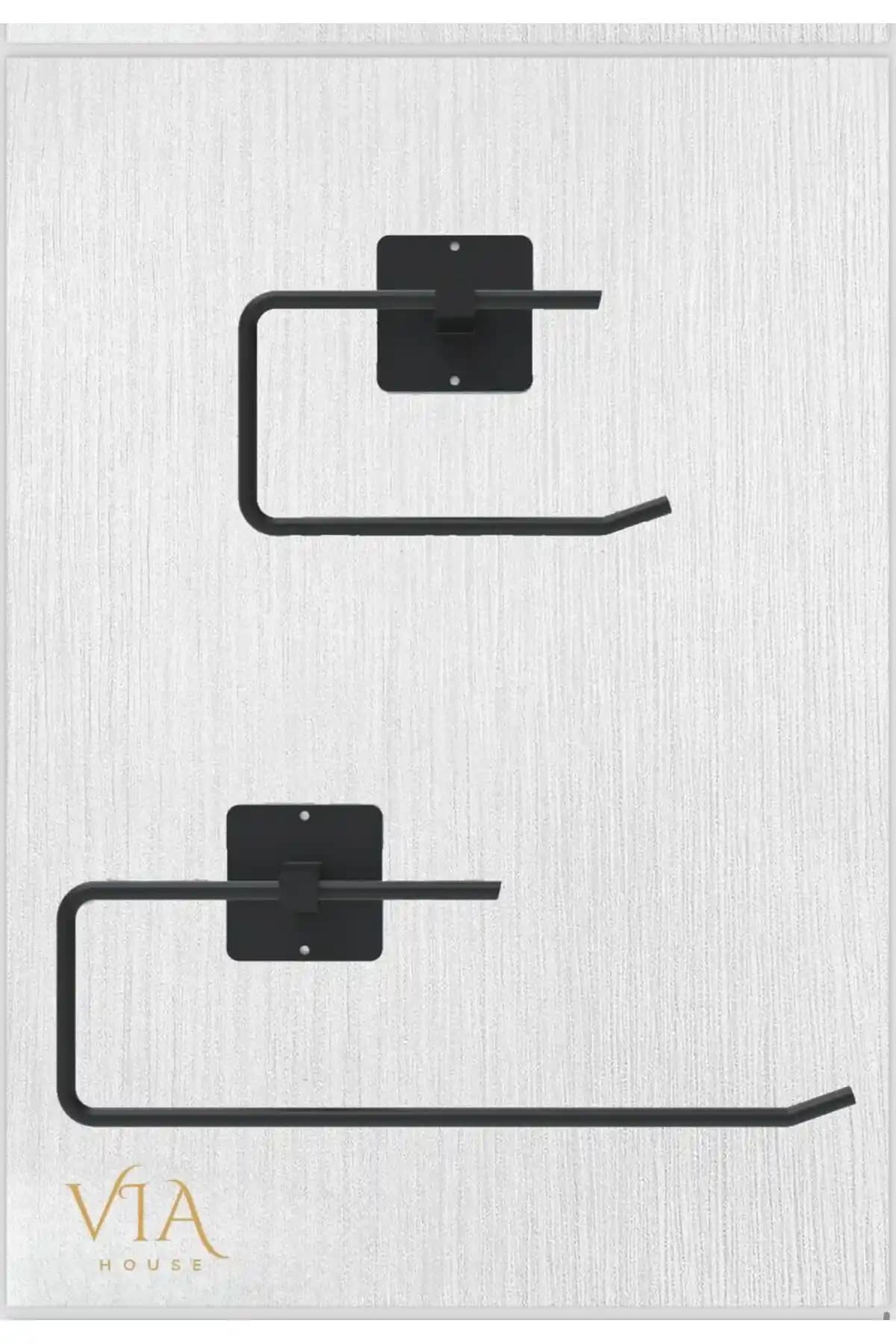 VİE HOUSE Siyah Yapışkanlı Duvar Askısı ve Peçetelik Seti Modern Tasarım ve Dayanıklılık