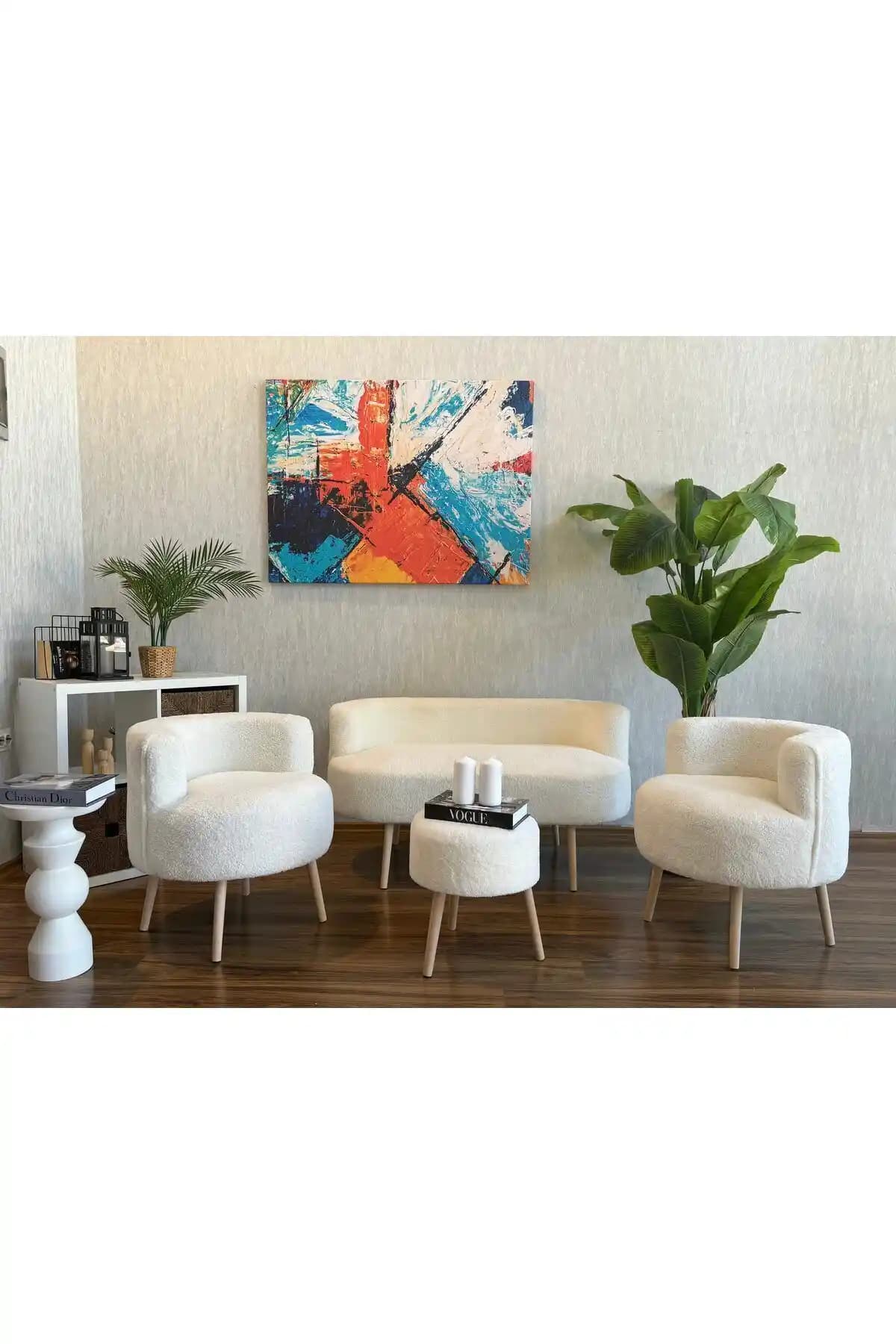 WEBPANYA Beyaz Teddy Kumaş Çay Seti Koltuk Takımı Modern ve Fonksiyonel Tasarım