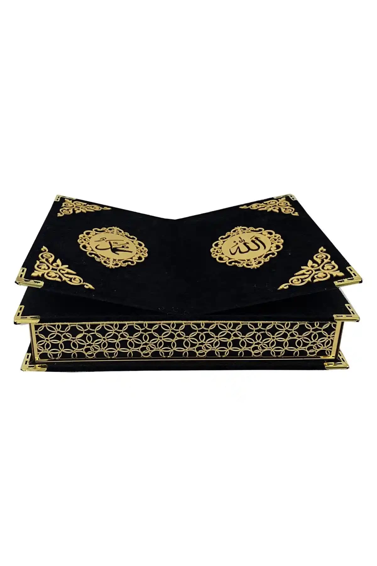 Kadife Kaplı Mika Süslemeli Kur'an-ı Kerim Seti Rahle Kutulu Estetik ve Dayanıklı Tasarım