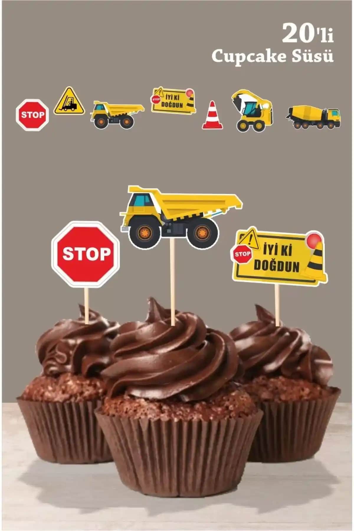 Çocuklar İçin Güvenli ve Dayanıklı İş Makinaları Temalı Cupcake Süsü Ürün Tanıtımı