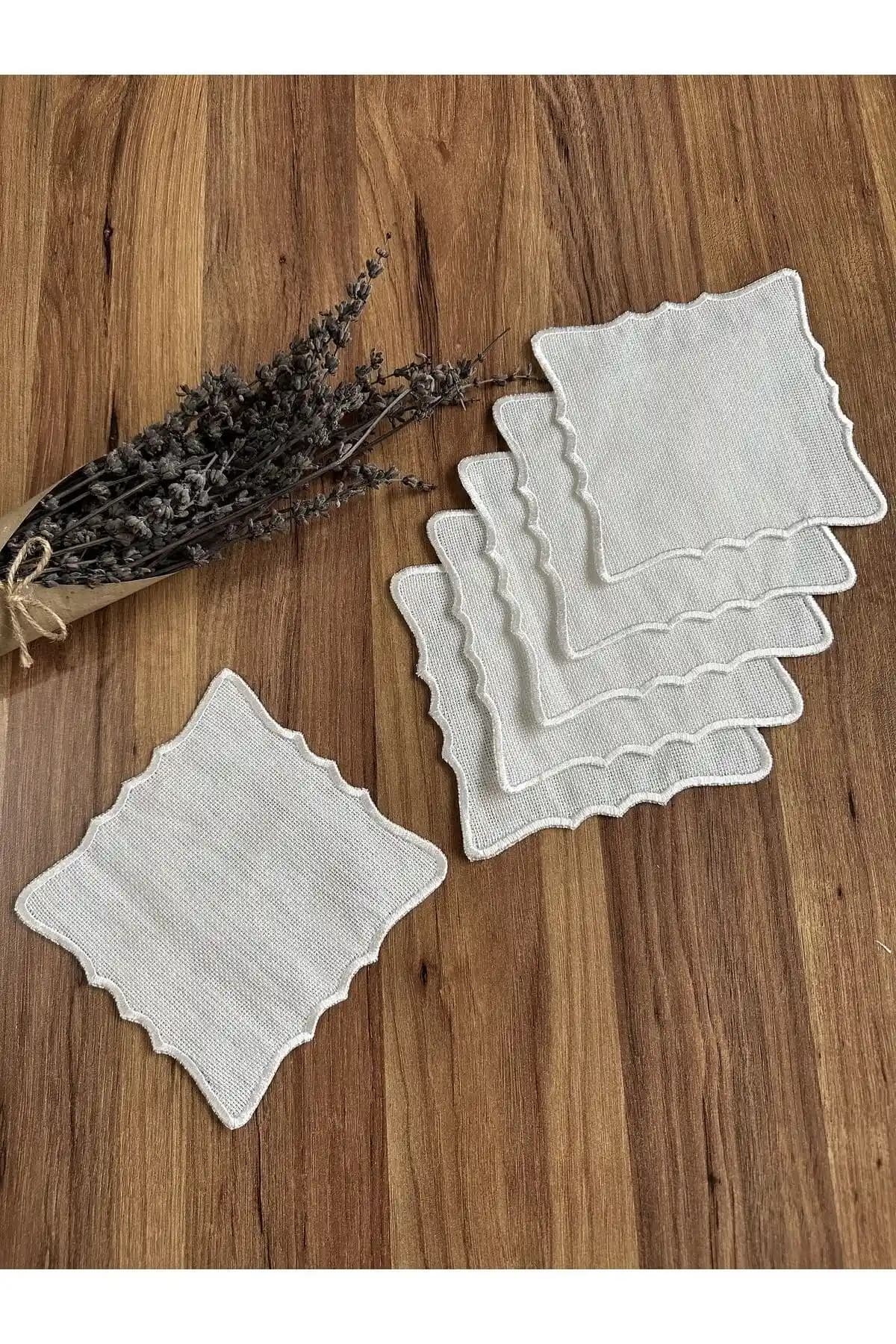 Nurhanhome 6 Adet Etamin İşlemeye Uygun Ekru Nakışlı Kare Kahve Yanı Peçete Seti