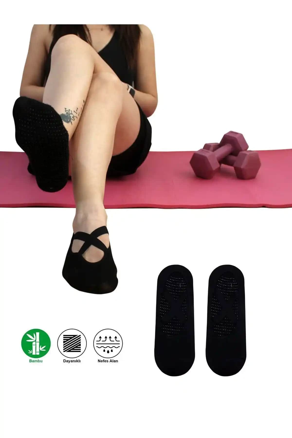 Sweex 2 Çift Bambu Siyah Kadın Kaymaz Taban Spor Çorabı Fitness ve Pilates İçin