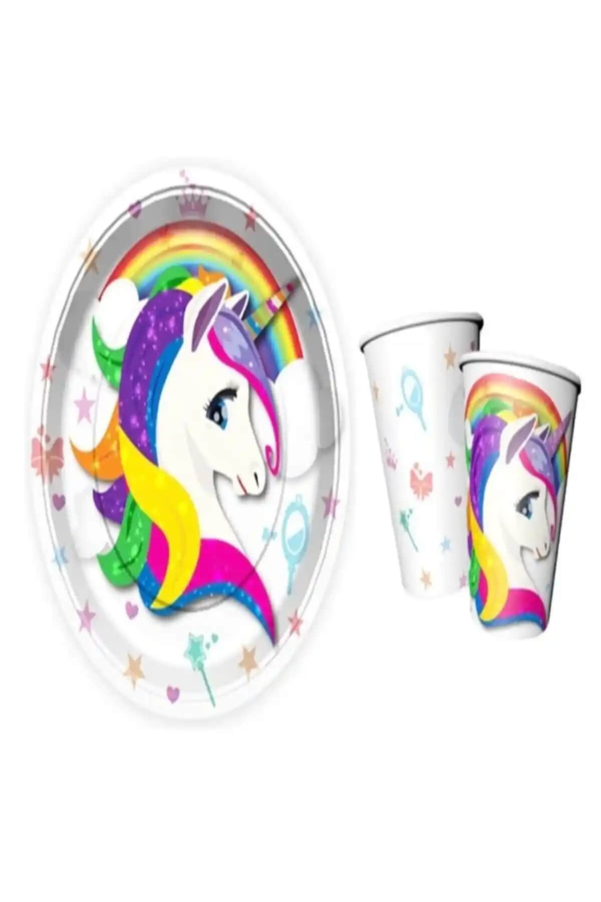 Unicorn Temalı Kağıt Tabak ve Bardak Parti Seti 8 Kişilik Eğlence Malzemeleri