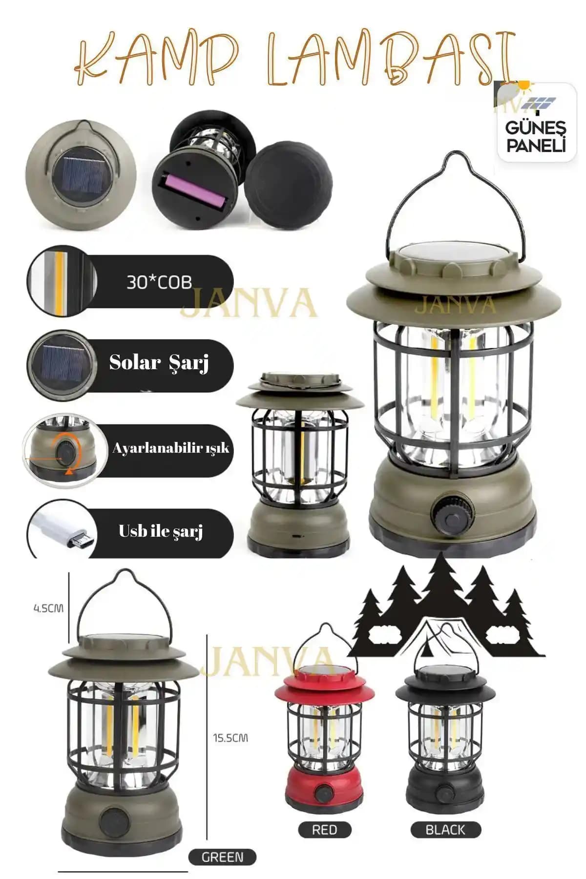 Janva Güneş Panelli Enerjili Solar Nostaljik Ledli Kamp Feneri Doğa ile Uyumlu Aydınlatma Çözümü