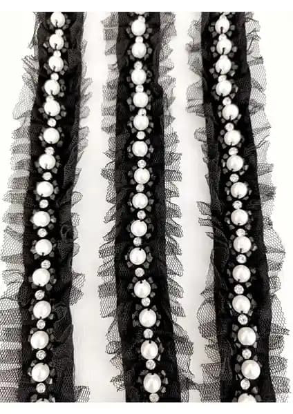Altay Aksesuar Siyah Tüllü Boncuk İşlemeli Dekoratif Şerit - Zarif ve Çok Yönlü Kullanım İçin