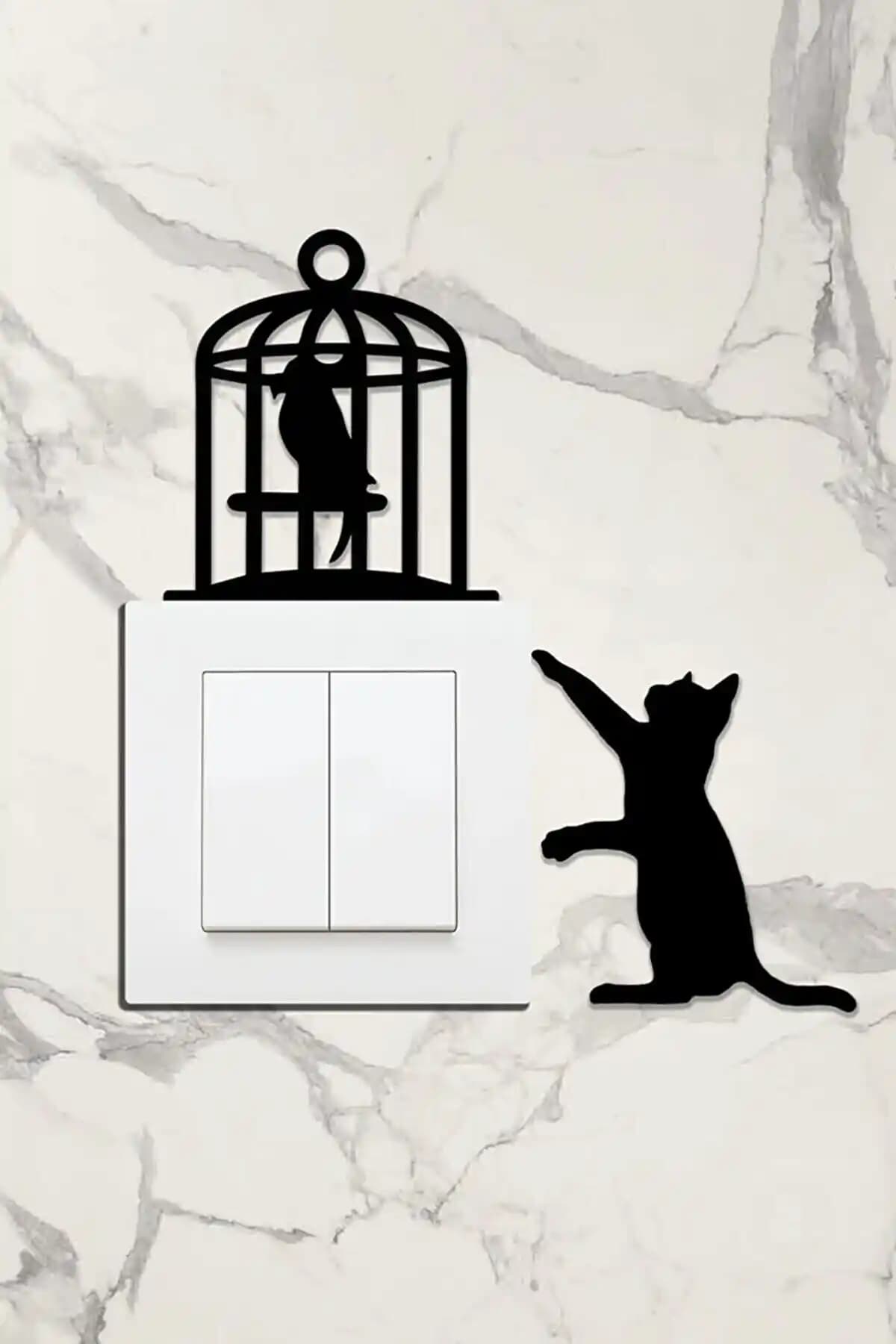 10KDEKOR Kuş Kafesi ve Kedi Temalı Ahşap Priz Çerçevesi: Modern Siyah Doğal Dekoratif Uyum