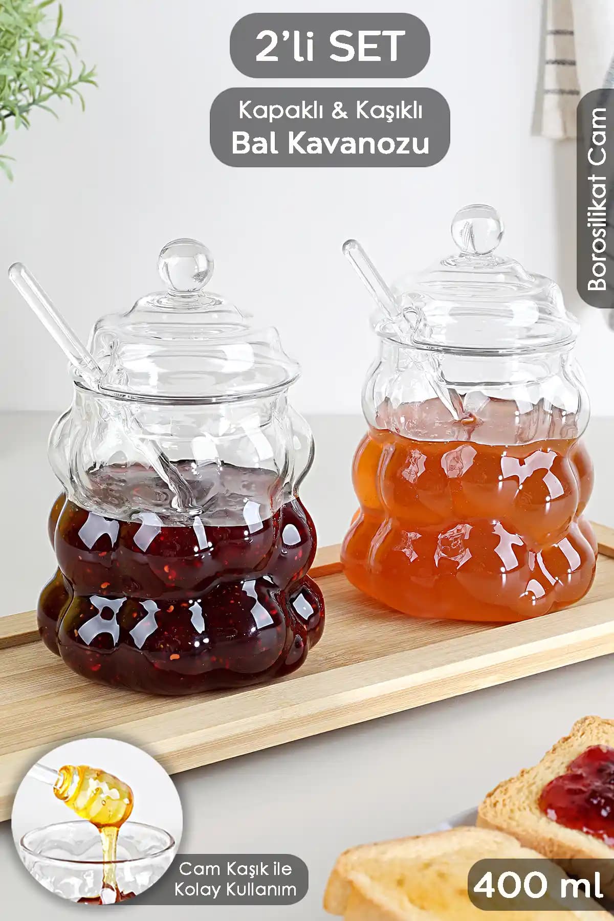 2'li Kapaklı Borosilikat Cam Bal Kavanozu Seti – Boncuk Motifli Üzüm Desenli, 400 ml