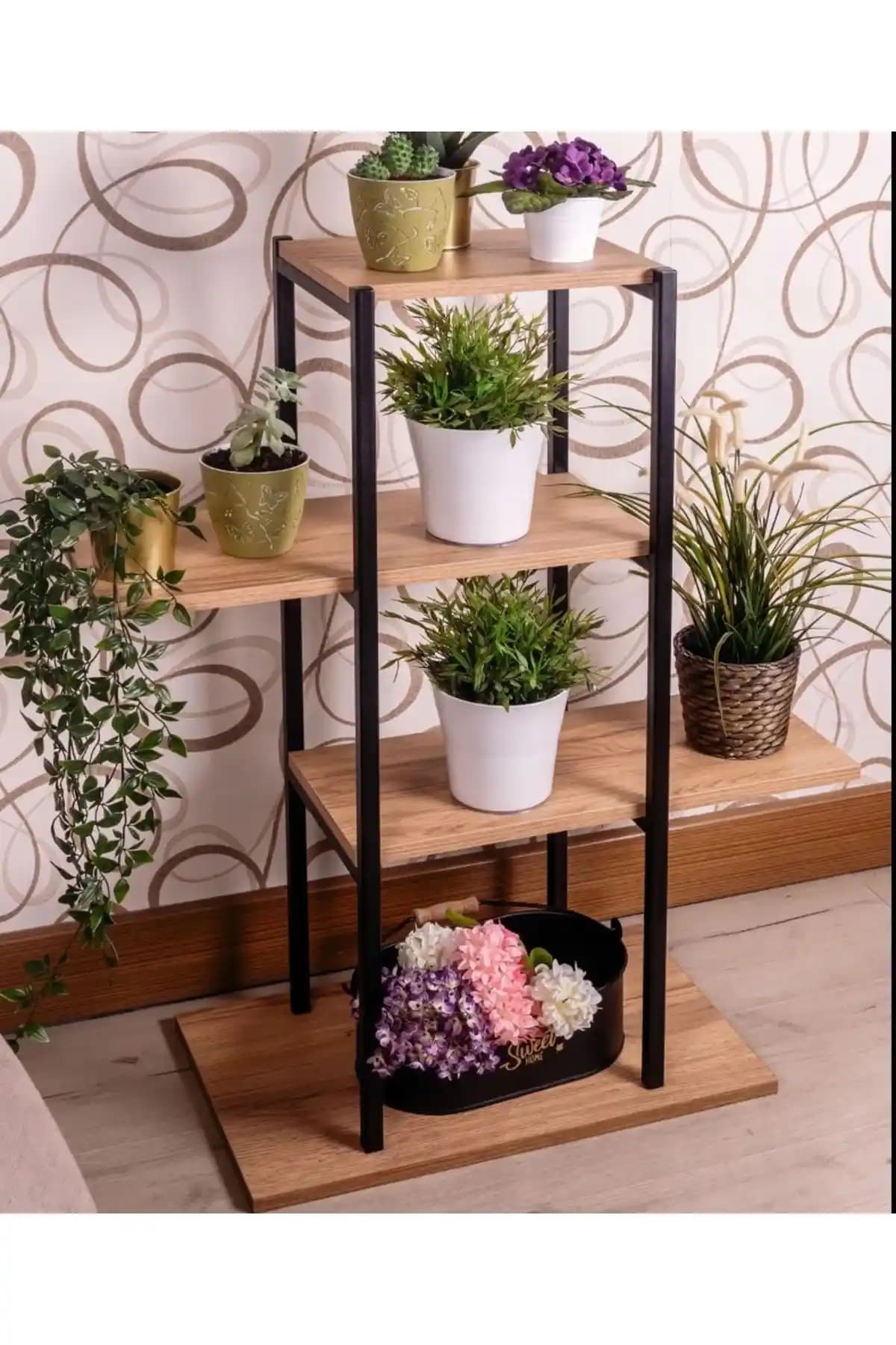 Ahşap Saksı Standı - Tiryaki Aksesuar, Siyah Metal Gövdeyle Dört Raflı Köşe Dekorasyonu