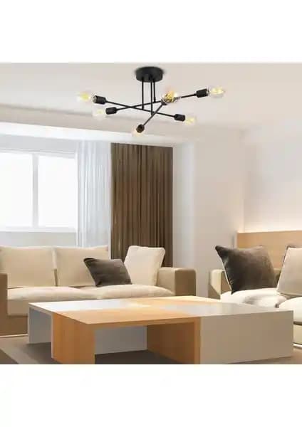 Apliqa Arman 6'lı Modern Plafonyer Siyah Metal Gövde ve Cam Başlıklarla Aydınlatma