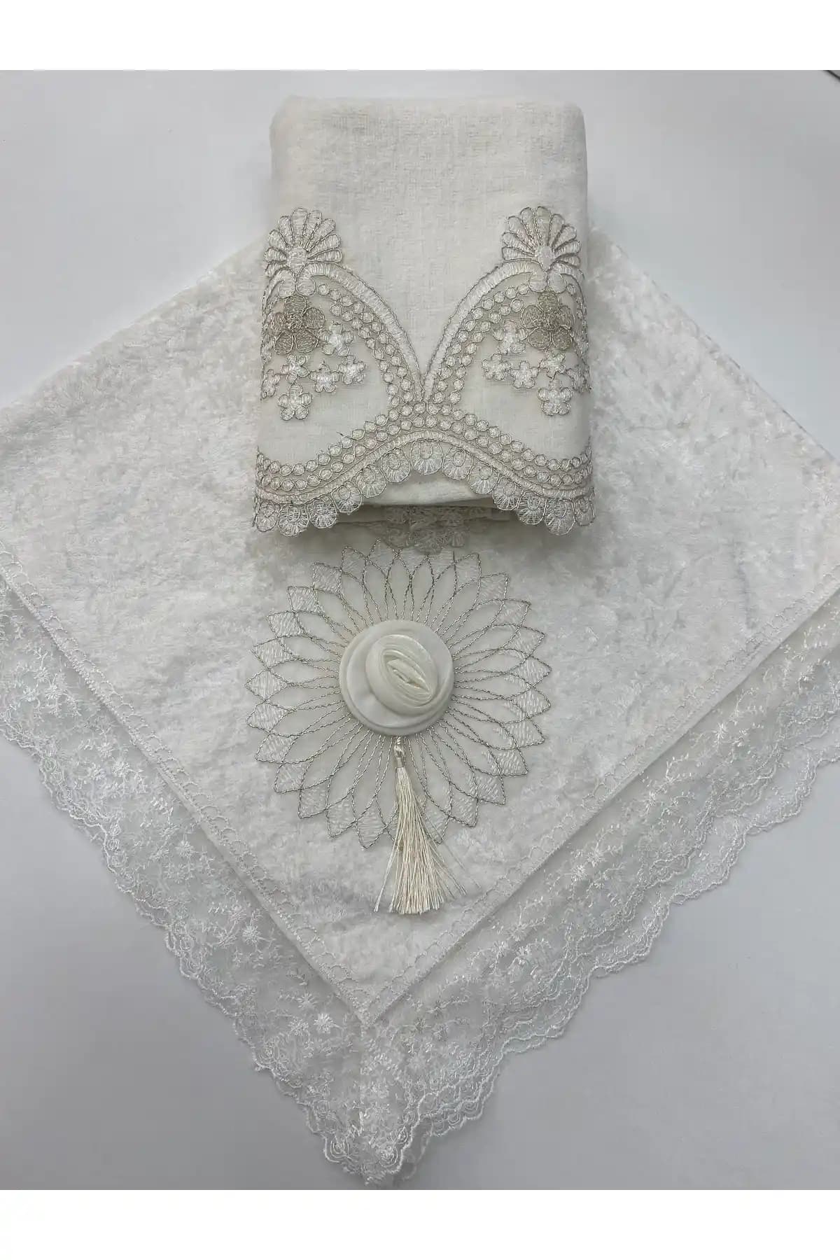 Ayhanhome Çeyizlik Fransız Güpürlü 2'li Yüz Havlusu Bohça Seti – Bej Minimalist Tasarım