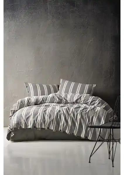 Berolige Heritage 100% Pamuklu Çift Kişilik Nevresim Takımı Antrasit Chambray Esintisi