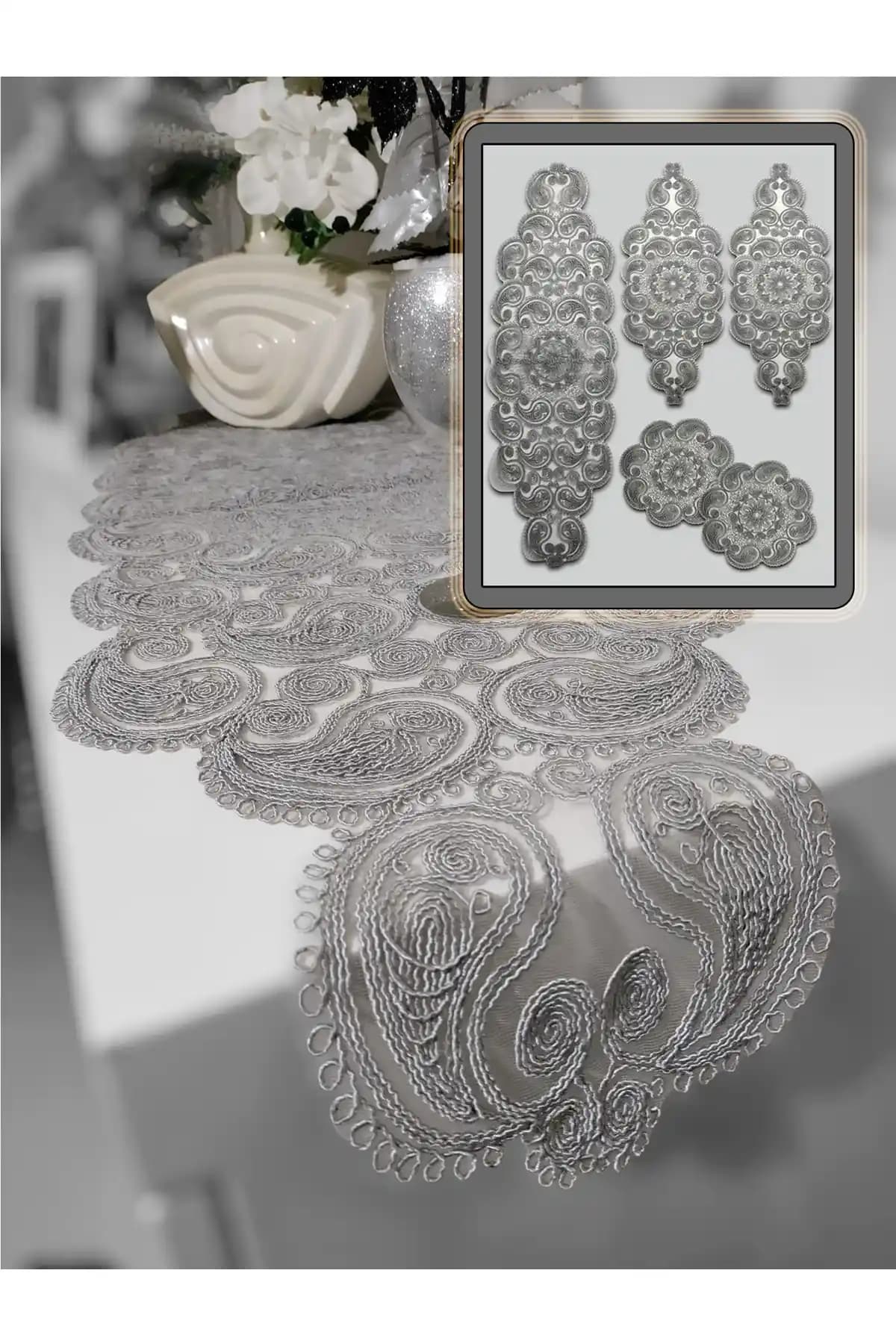 CAMİNHO DA LUA Damla 5 Parça Lüks Runner Takımı – Fransız Güpürlü Gri Çeyizlik Set