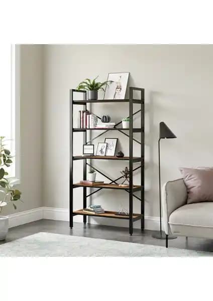 Ceramical 5 Raflı Metal Kitaplık – Sacramento Meşe, Açık Raflı Depolama Ünitesi