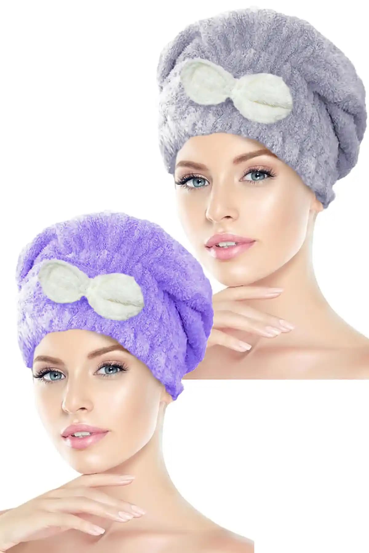 CHIZGY 2'li Mikrofiber Saç Havlusu Bonesi: Lastikli Fiyonklu Konforlu ve Nazik Kurutma