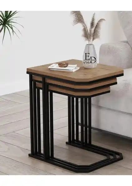 ED Efelez Lyon 3’lü C Zigon Sehpa Seti: Siyah Metal Çerçeve ve Atlantik Çam Üst Yüzeyleri