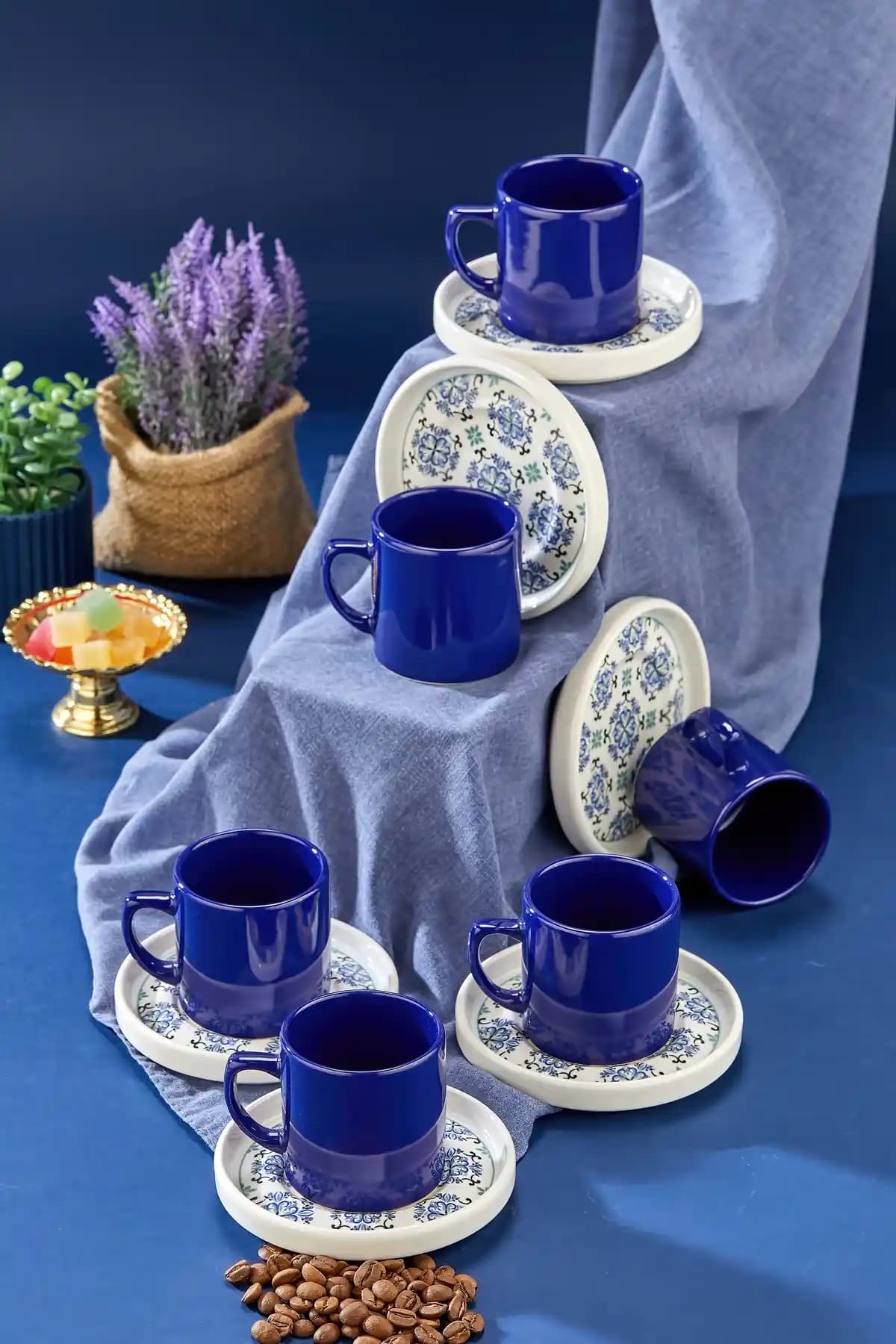 Erbaşlar Mavi Menekşe Seramik Türk Kahvesi Fincan Takımı 12 Parça, 6 Kişilik, Modern