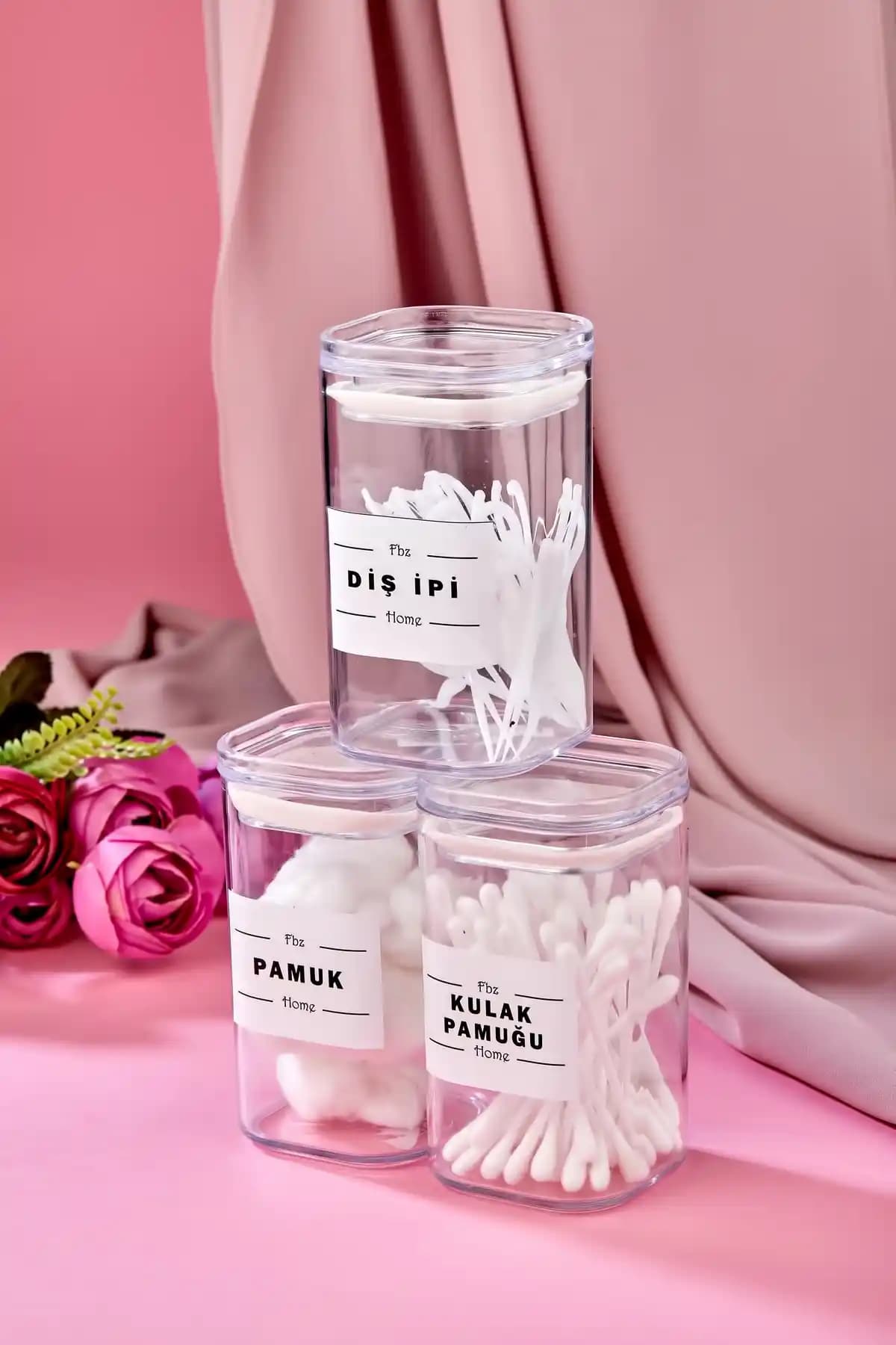 FBZhome 3'lü Kapaklı Akrilik Diş İpi Kulak Pamuğu ve Pamuk Banyo Seti ile Pratik Şık Düzen