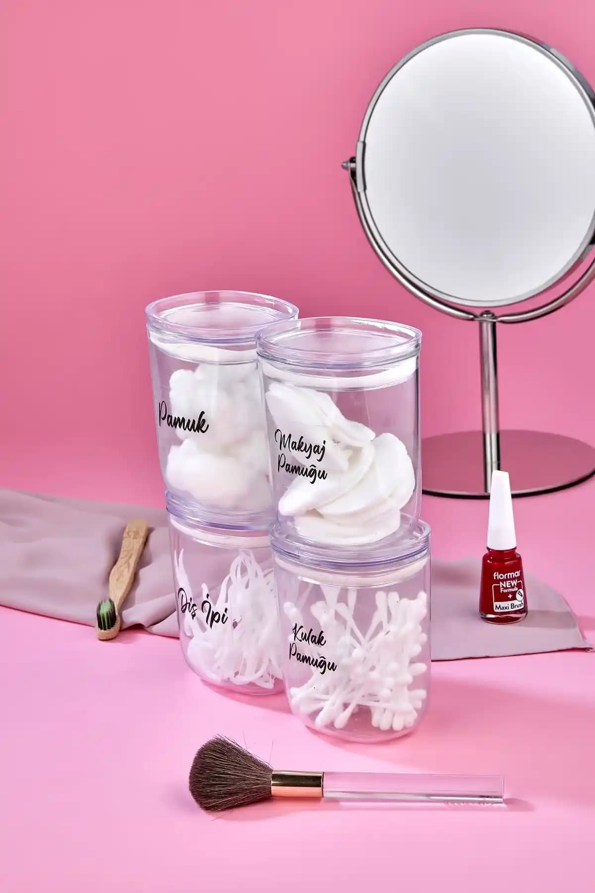 FBZhome 4’lü Akrilik Makyaj ve Hijyen Seti: Makyaj Pamuğu, Pamukluk ve 400 ml Saklama Kutusu