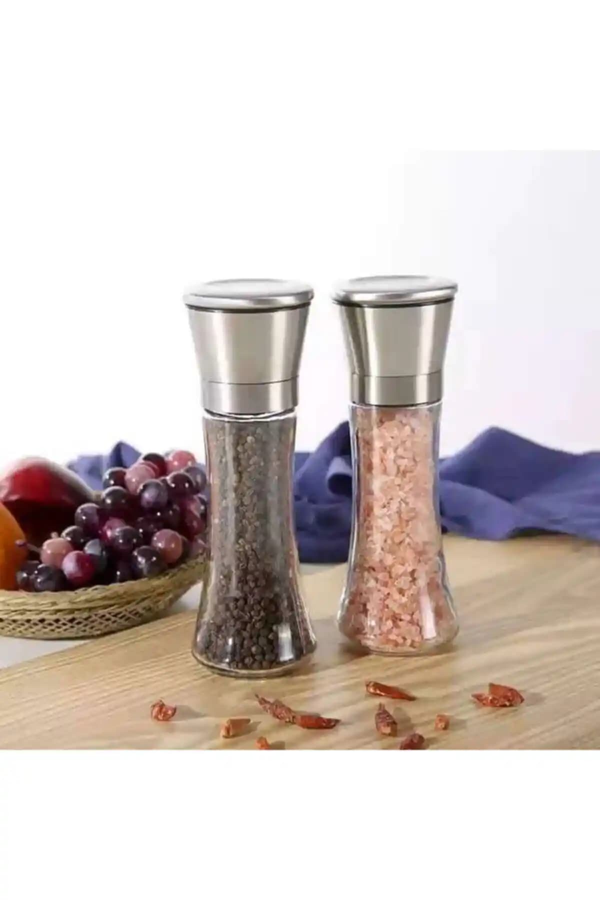 Genel Markalar Tuz ve Karabiber Değirmeni 2'li Set: Cam Gövde ve Metal-Seramik Öğütücüler
