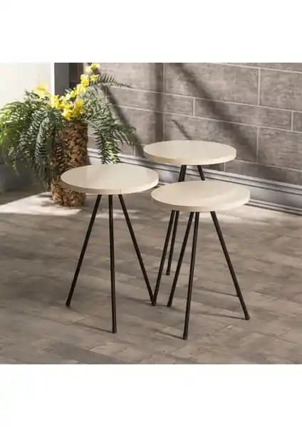 Gold Falez Zigon Sehpa Seti 3'lü: Krem renkli yonga levha üst tablolar, demir ayaklar