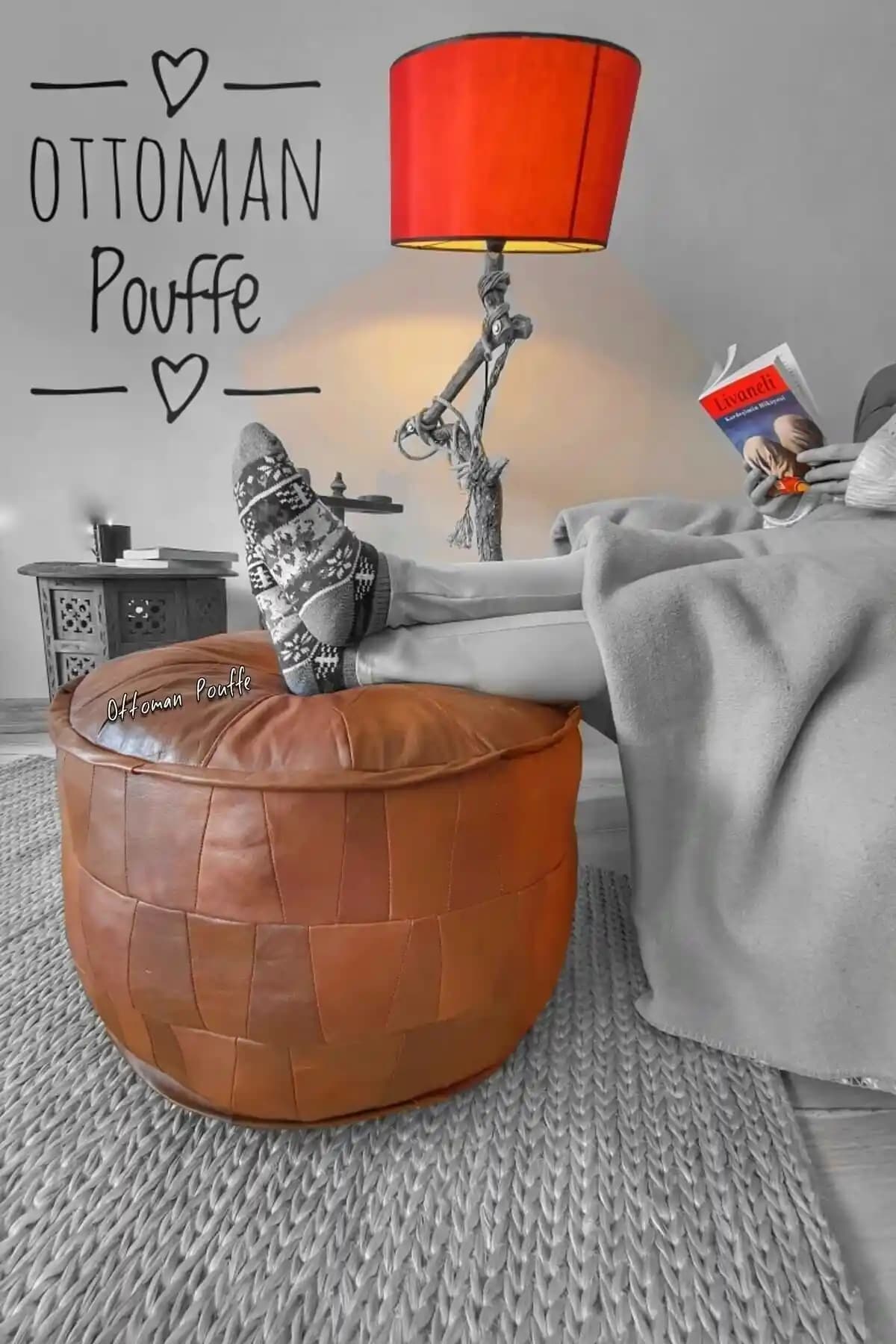 Hakiki Kuzu Derisiyle El Yapımı Ottoman Puf 60x40 cm, İskandinav-Bohem Şık Balkon ve İç Mekân